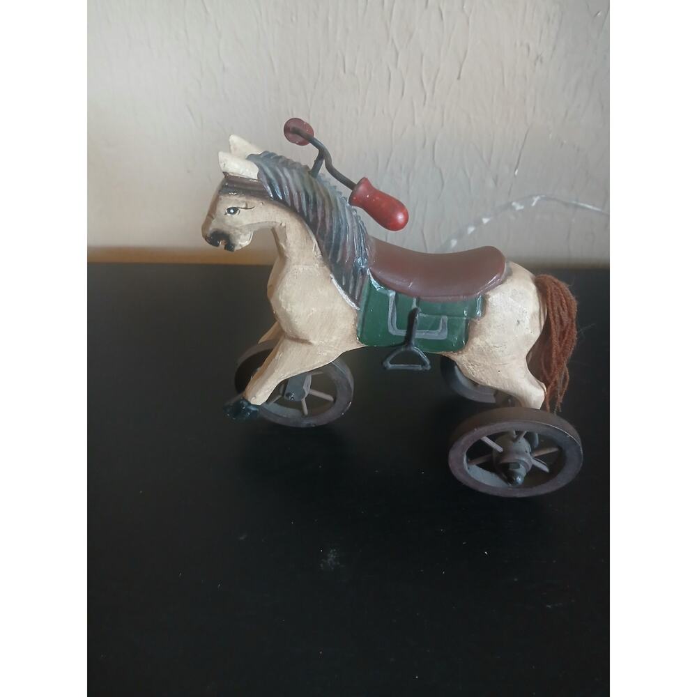VTG Primitive Folk Art Carved Wooden & Metal Horse Tricycle Painted Wheels Decor